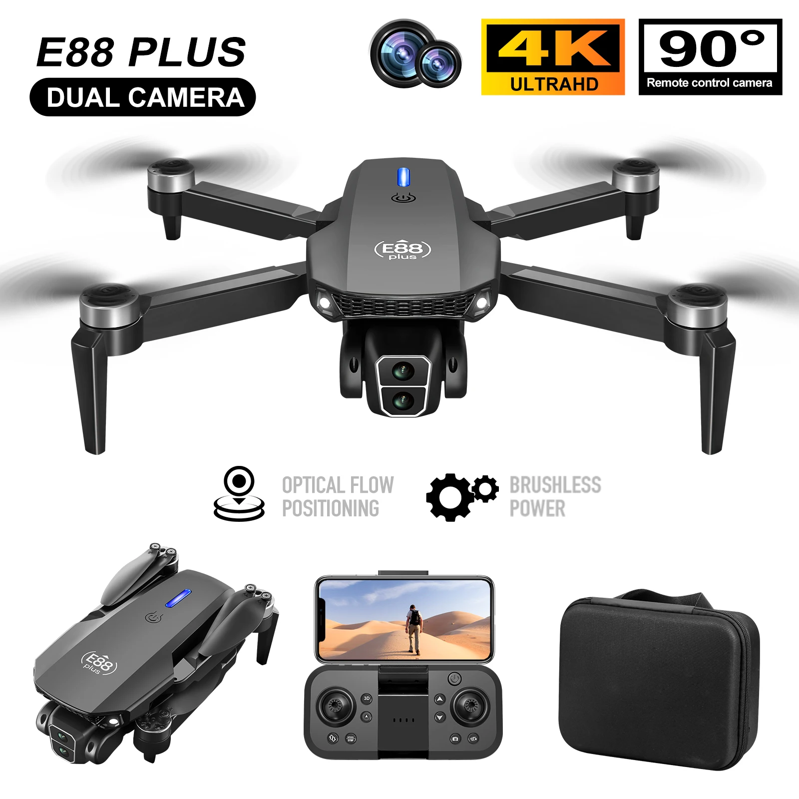 새로운 E88 Plus 쿼드콥터 드론: 90 °   전 - Drone Gimbal Brushless 리뷰 및 가격